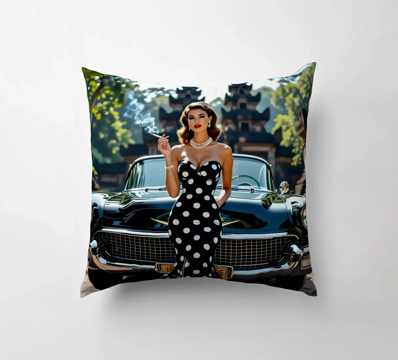Dame mit Cadillac im Dschungel Kissen von Anita's Dream