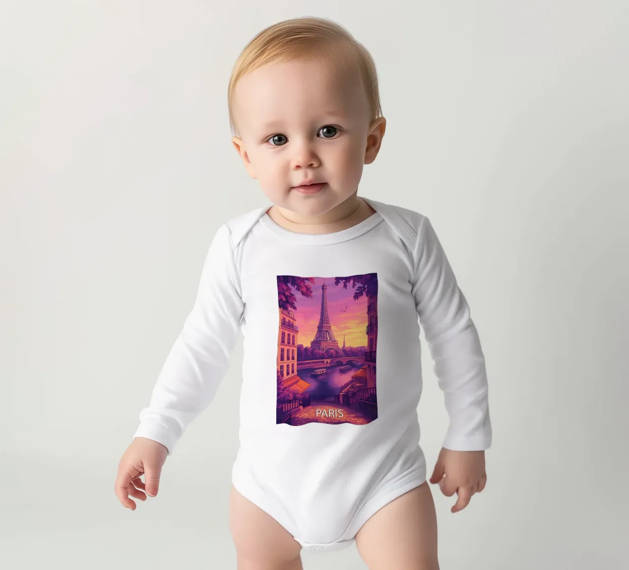 paris skyline vector painting long-sleeve baby romper by adzkiya