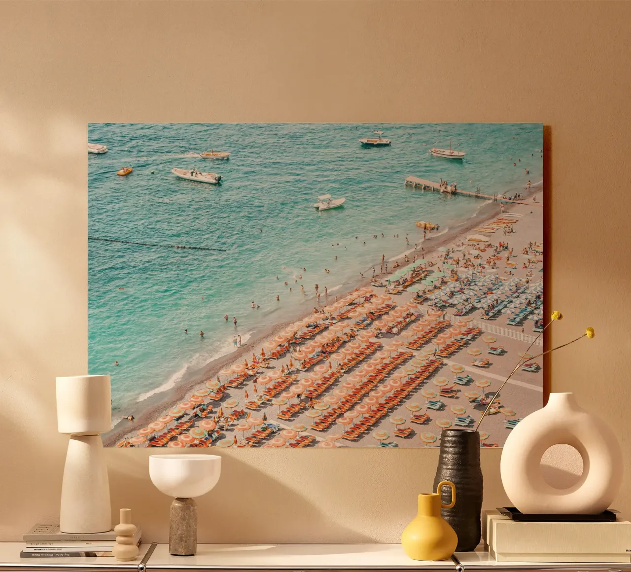 People on the Beach Positano Coastal Summer Scene metacrilato de GraceDigitalArtCo