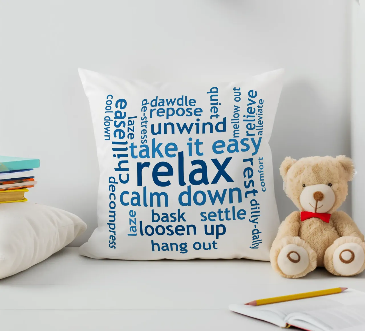 Relax Wortwolke blau Kissen von RB-Quotes