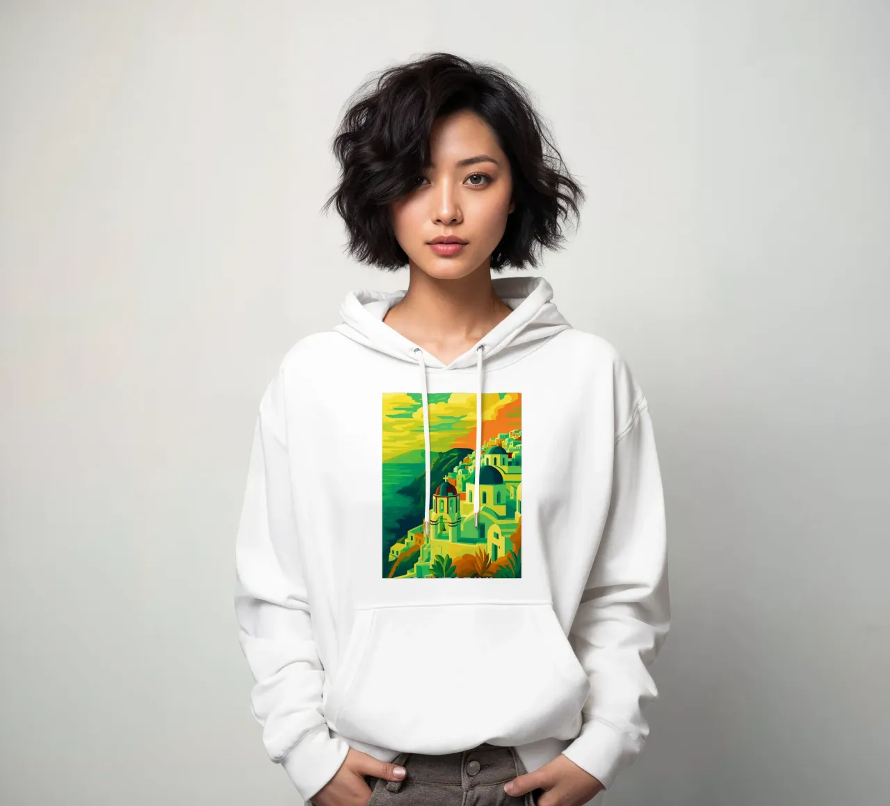 santorini skyline pintura vectorial sudadera con capucha de adzkiya