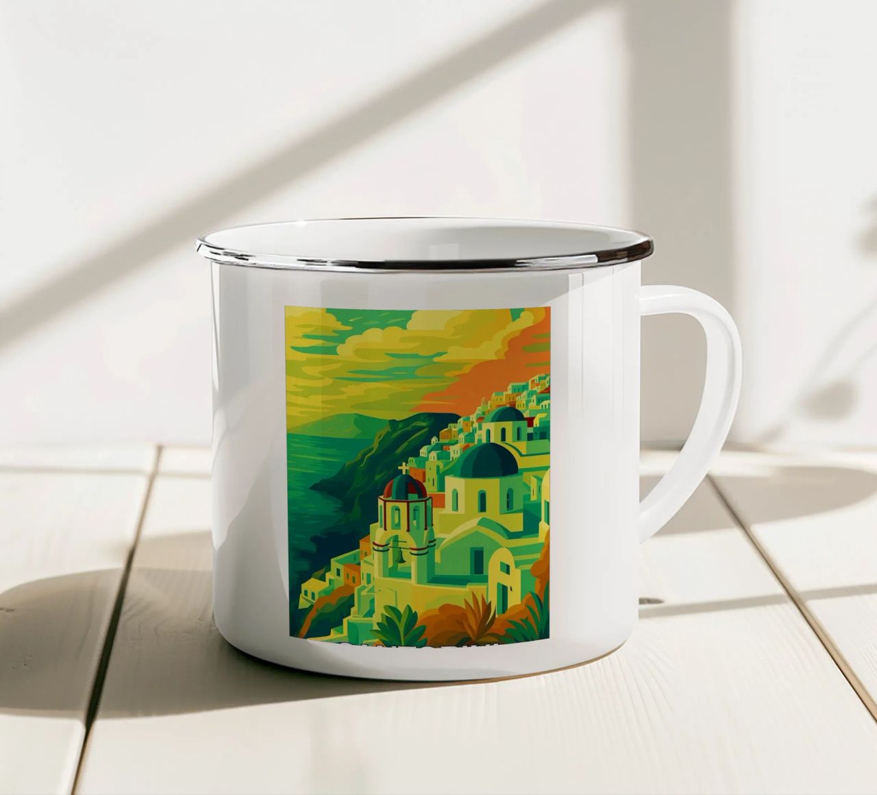 santorini skyline pittura vettoriale tazza in smalto da adzkiya