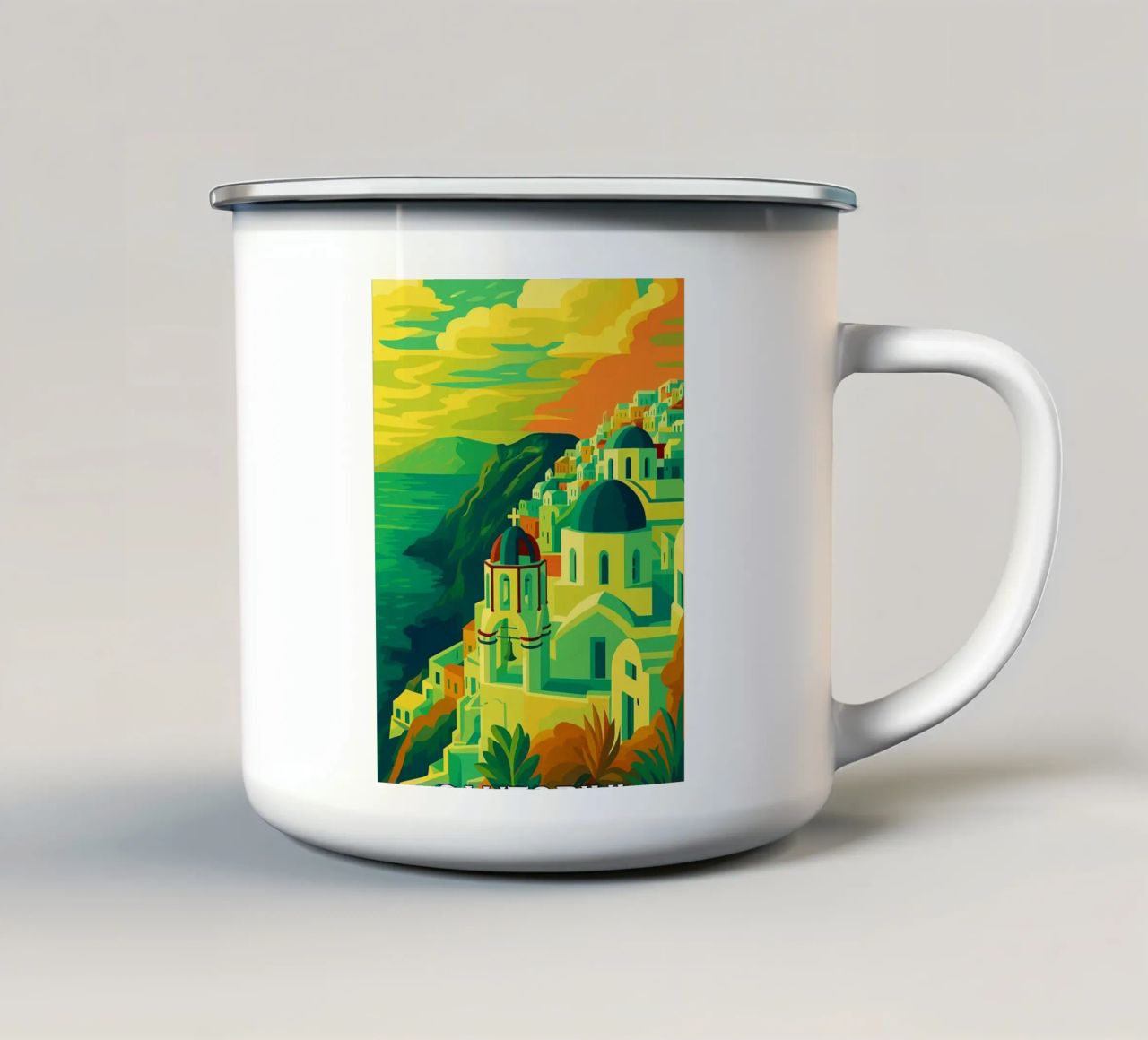 santorini skyline pittura vettoriale tazza in smalto da adzkiya