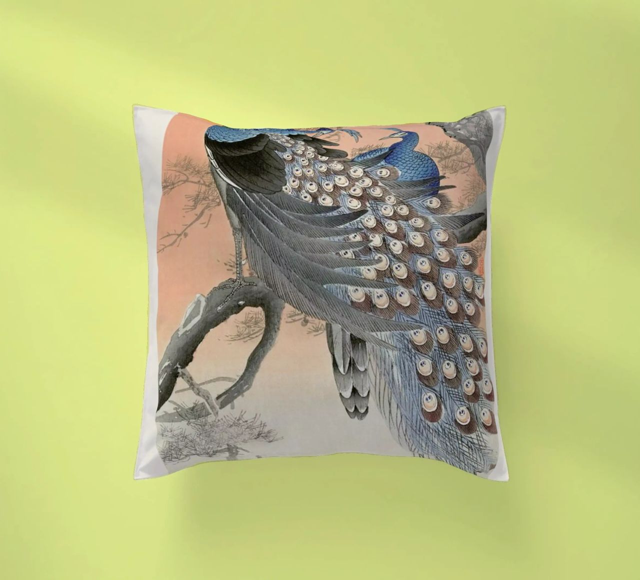Koson - Two Peacocks on Tree Branch decorative cushion by Vintage by JUNIQE