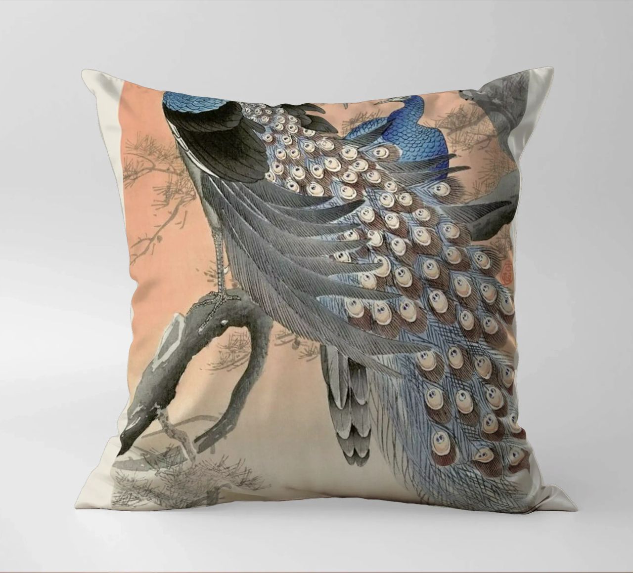 Koson - Two Peacocks on Tree Branch decorative cushion by Vintage by JUNIQE