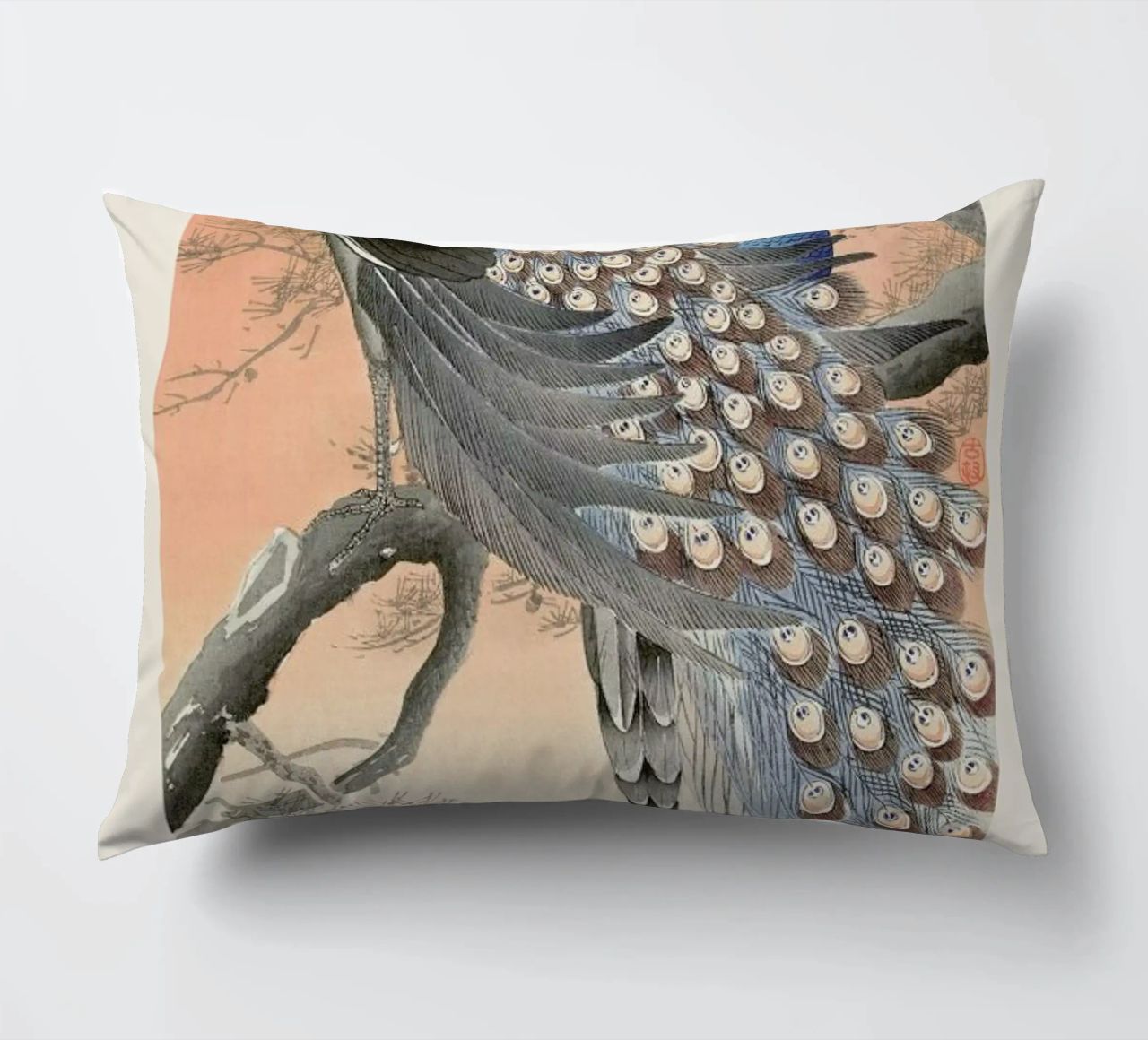 Koson - Two Peacocks on Tree Branch decorative cushion by Vintage by JUNIQE