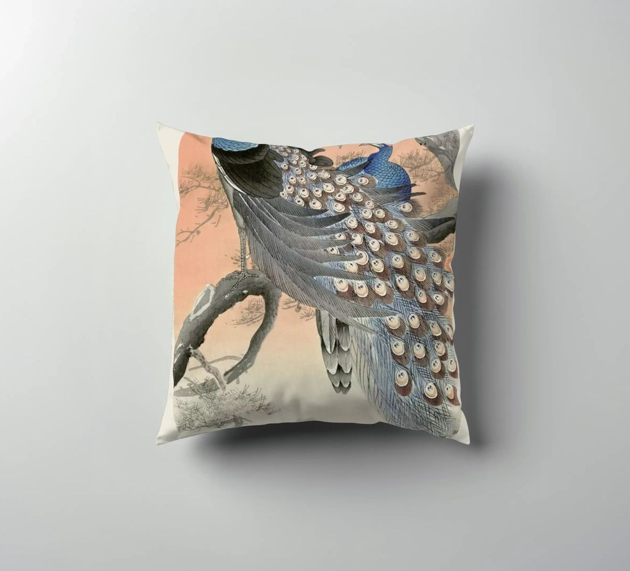 Koson - Two Peacocks on Tree Branch decorative cushion by Vintage by JUNIQE