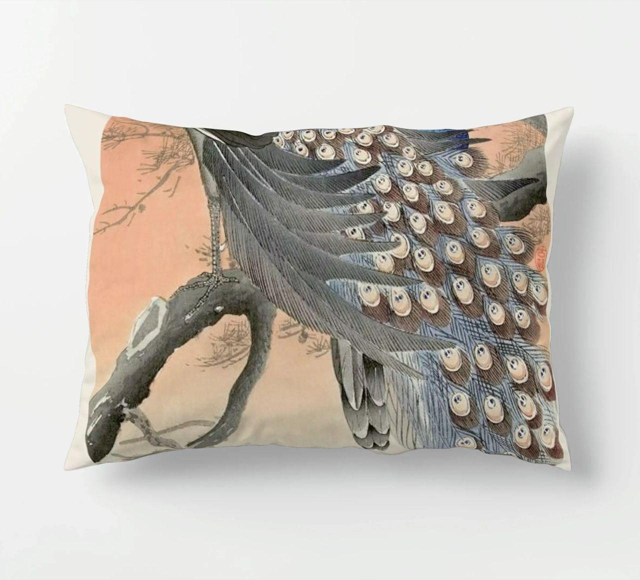 Koson - Two Peacocks on Tree Branch decorative cushion by Vintage by JUNIQE