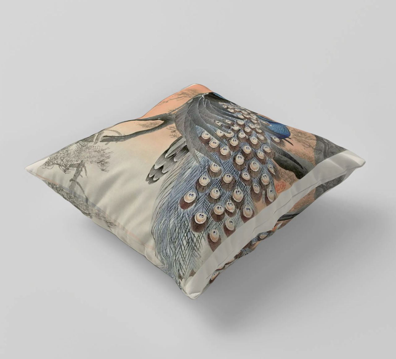 Koson - Two Peacocks on Tree Branch decorative cushion by Vintage by JUNIQE