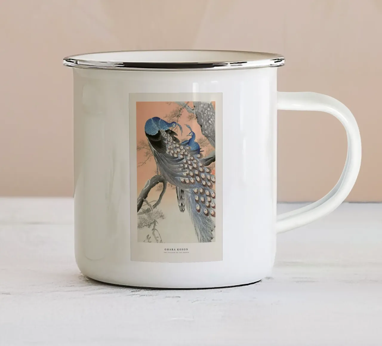 Koson - Two Peacocks on Tree Branch taza de esmalte de Vintage by JUNIQE