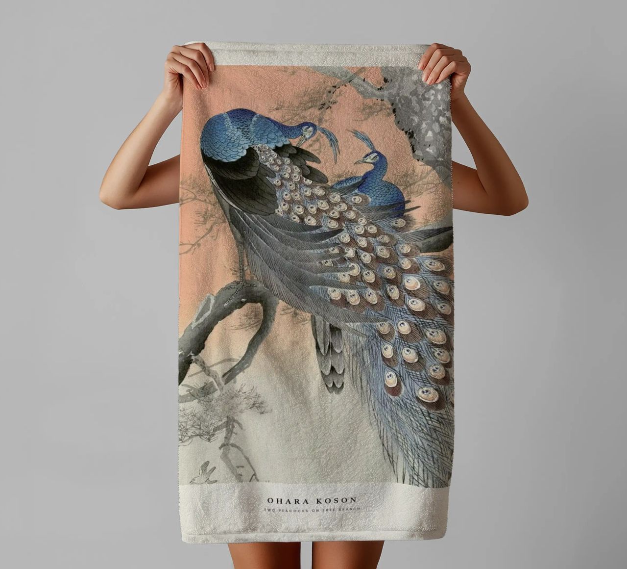 Koson - Two Peacocks on Tree Branch towel by Vintage by JUNIQE