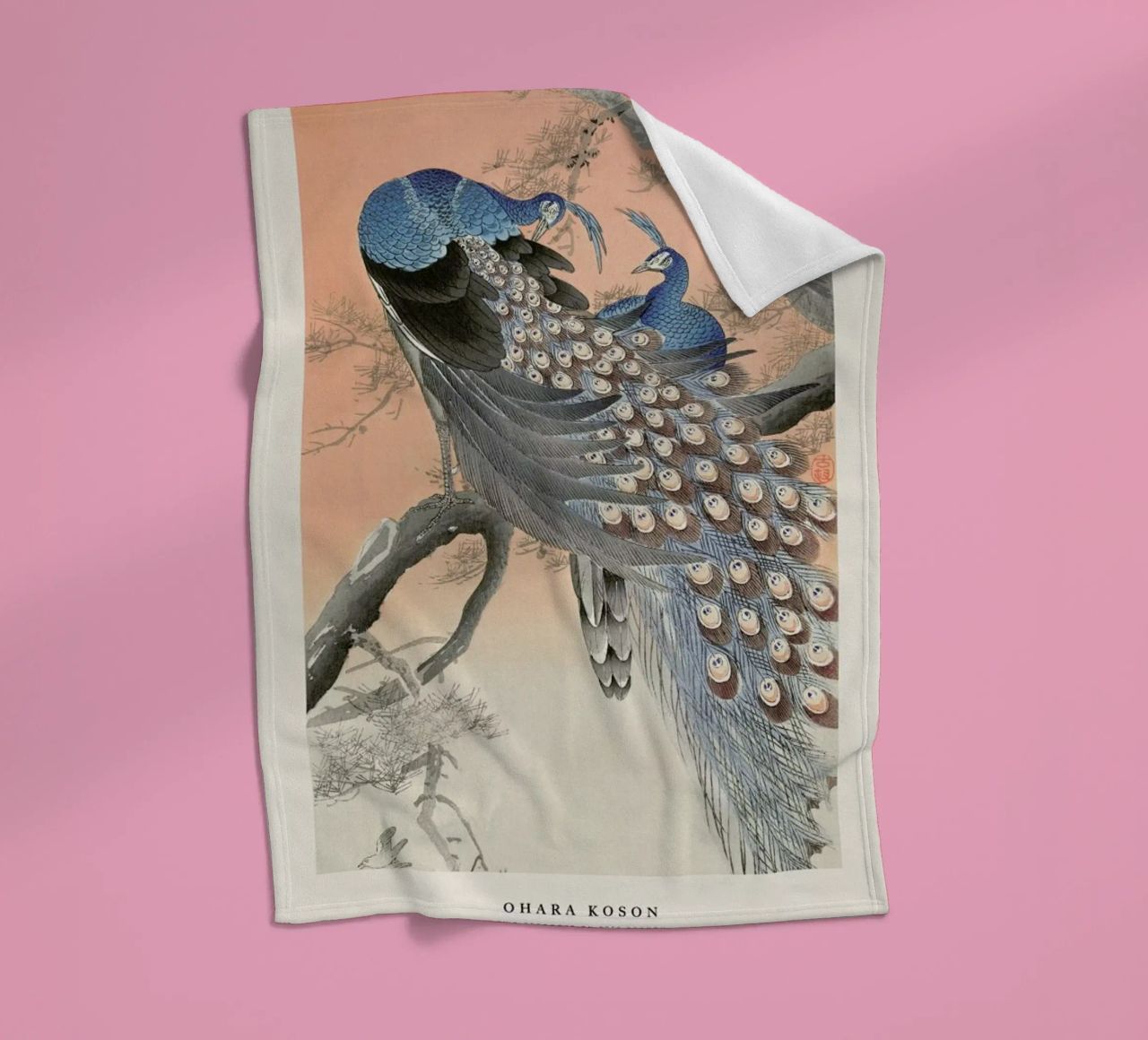 Koson - Two Peacocks on Tree Branch fleece blanket by Vintage by JUNIQE