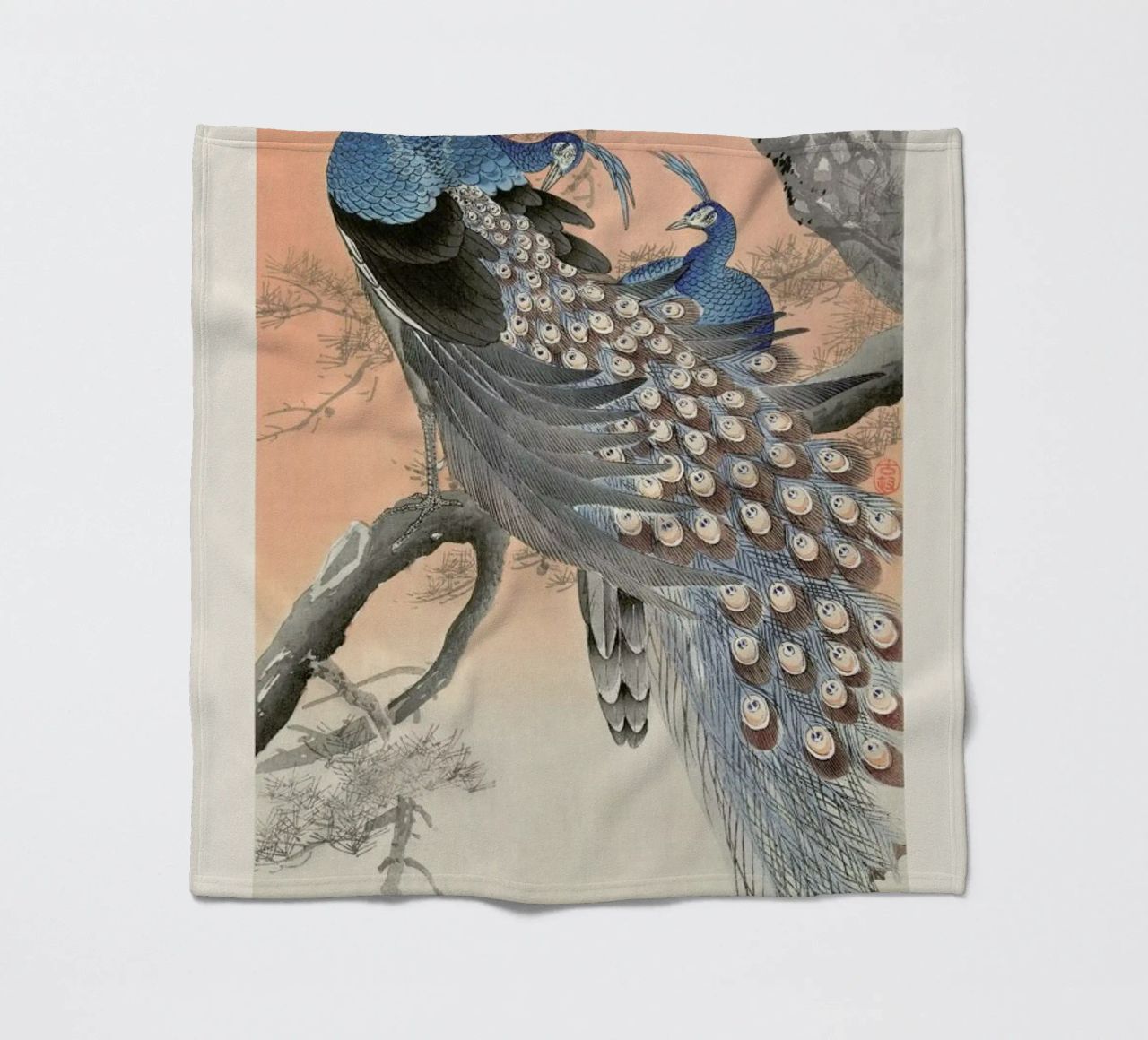 Koson - Two Peacocks on Tree Branch fleece blanket by Vintage by JUNIQE