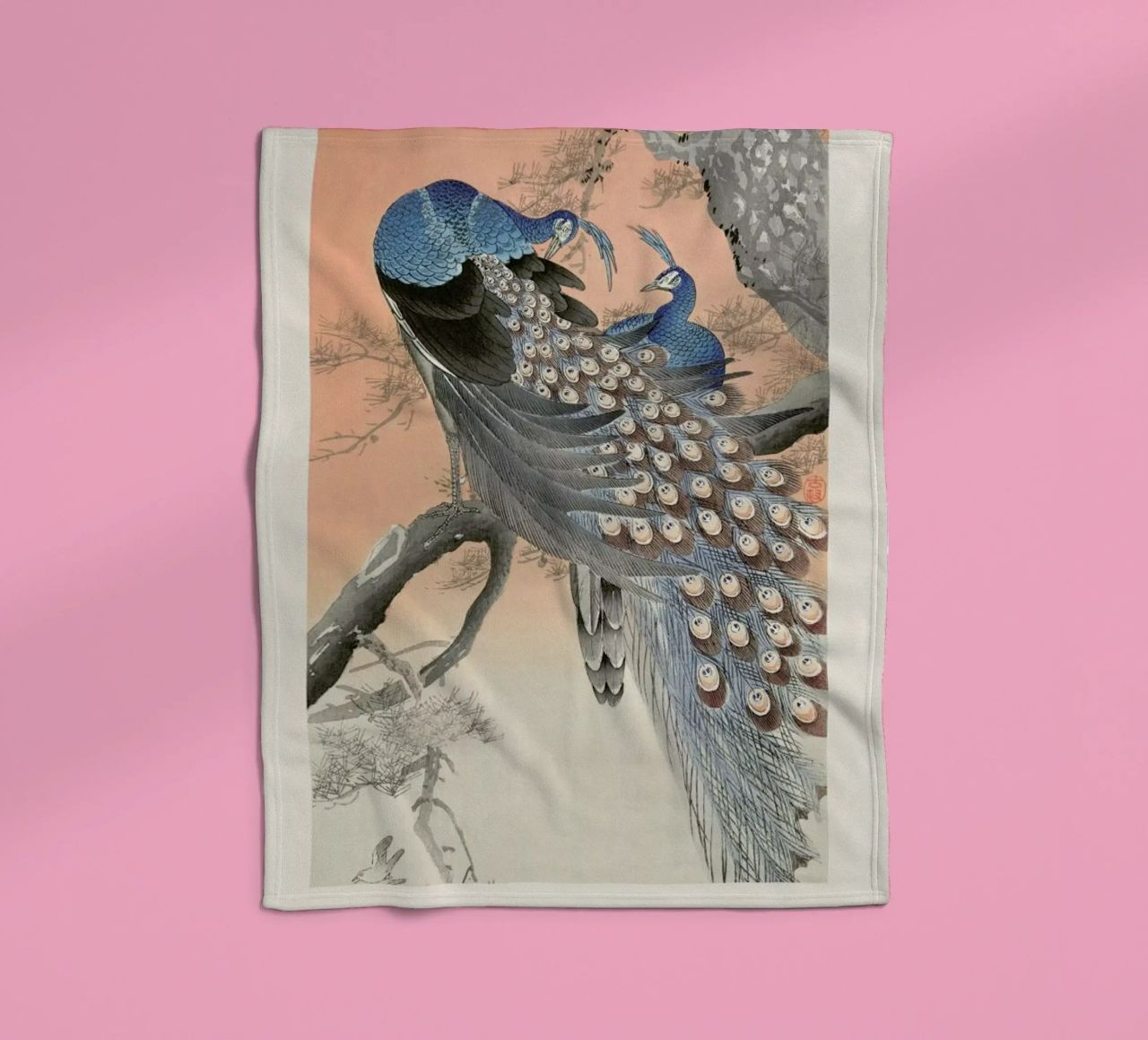 Koson - Two Peacocks on Tree Branch fleece blanket by Vintage by JUNIQE
