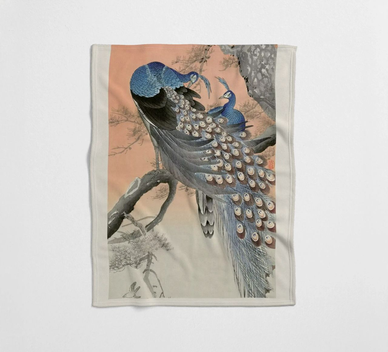 Koson - Two Peacocks on Tree Branch fleece blanket by Vintage by JUNIQE