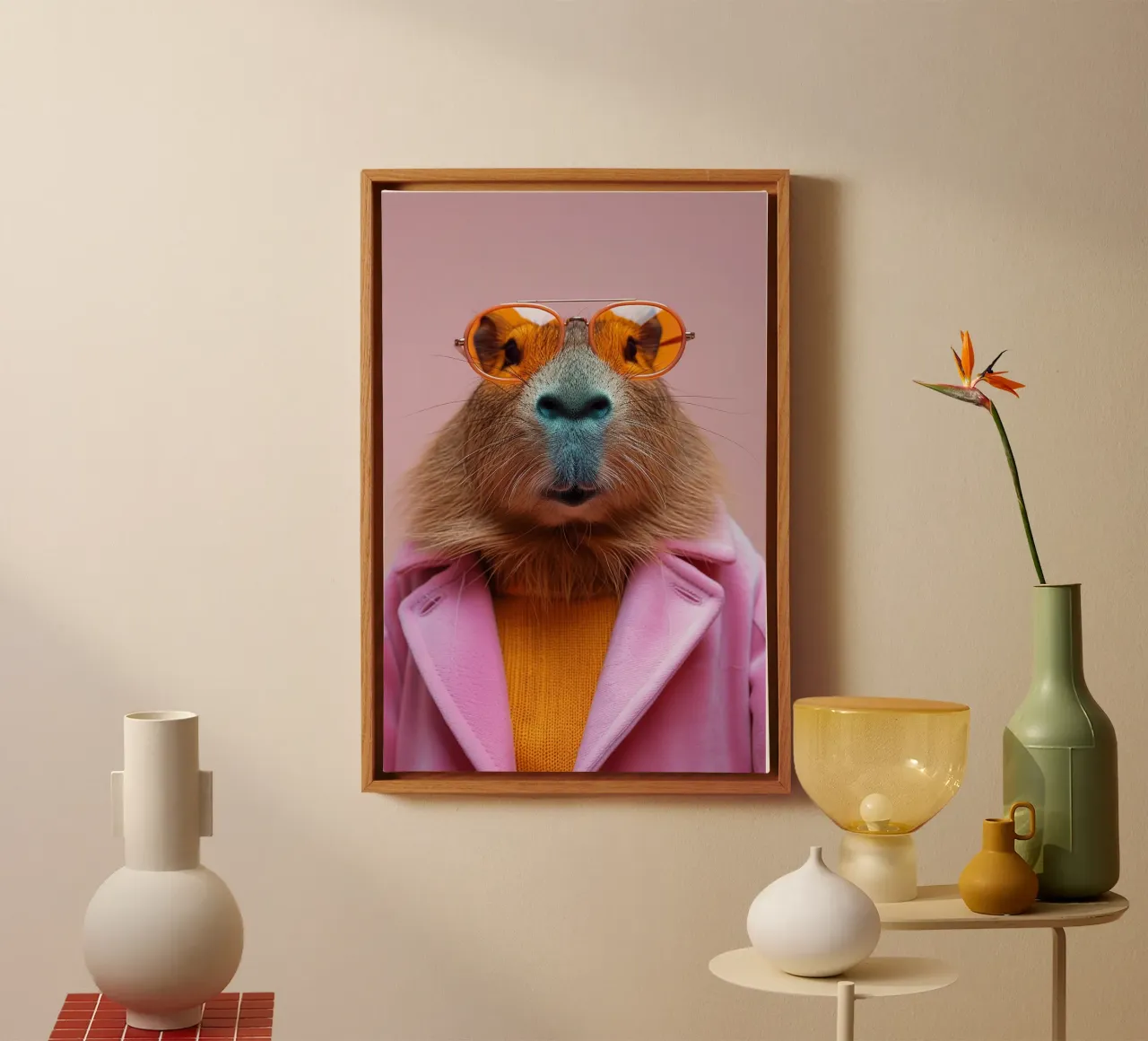 Chill Vibes – Stylish Capybara in Pink Coat tela da lieblu