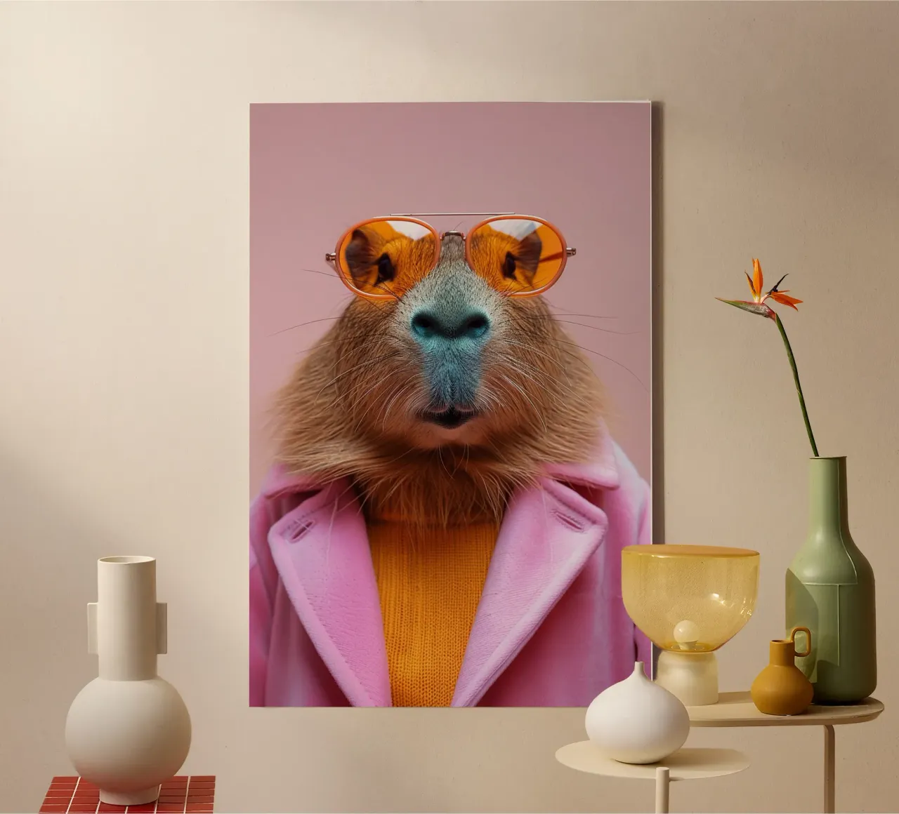 Chill Vibes – Stylish Capybara in Pink Coat tela da lieblu