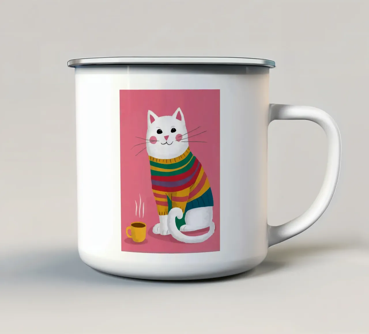 Gatto con maglione arcobaleno tazza in smalto da Lumie Layers