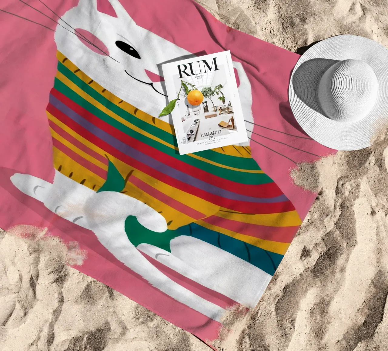 Gatto con maglione arcobaleno telo mare da Lumie Layers