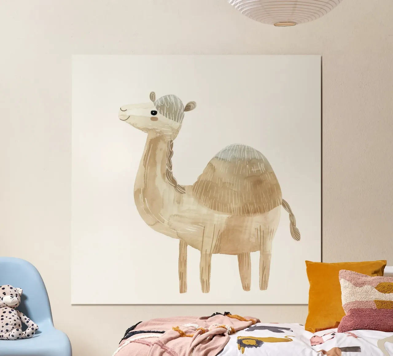 Illustrazione ad acquerello di un singolo cammello poster con telaio in alluminio da DesignDoodle
