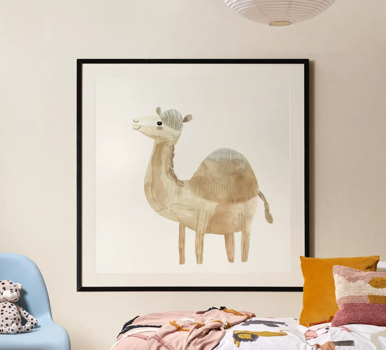 Illustrazione ad acquerello di un singolo cammello poster con telaio in alluminio da DesignDoodle