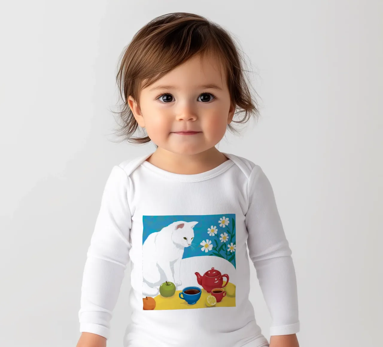 White Cat Teatime long-sleeve baby romper by Lumie Layers