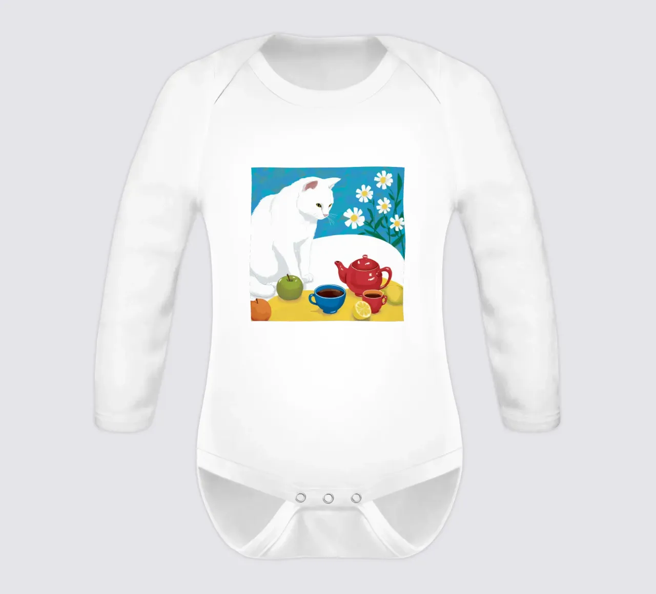 White Cat Teatime long-sleeve baby romper by Lumie Layers