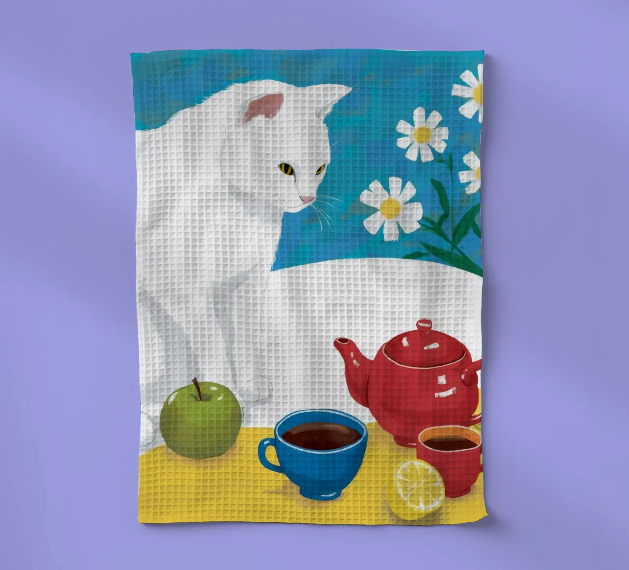 Gatto bianco all'ora del tè canovaccio da cucina da Lumie Layers