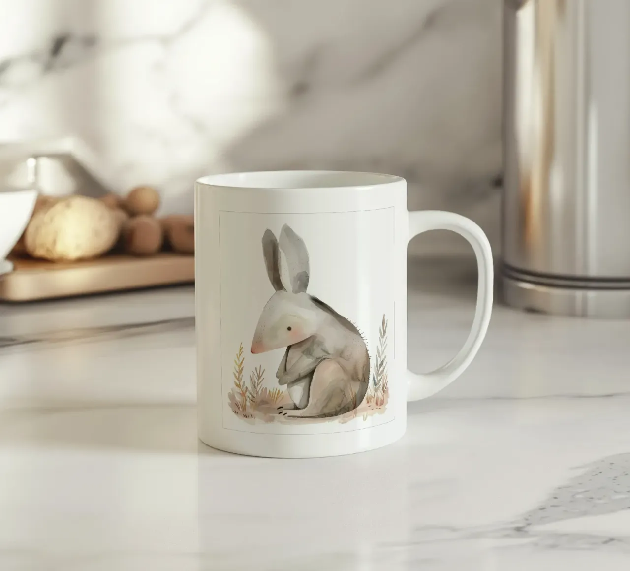 Illustrazione ad acquerello di un marsupiale stilizzato nel fogliame tazza in ceramica da DesignDoodle