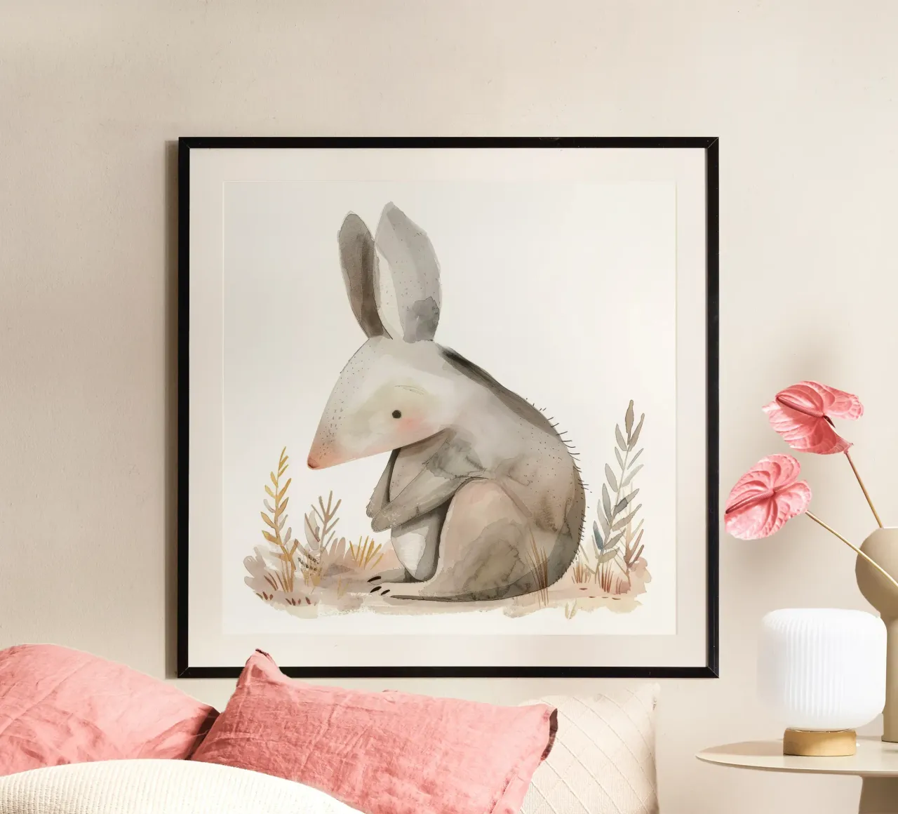 Ilustración en acuarela de un marsupial estilizado entre follaje poster con marco de plástico de DesignDoodle