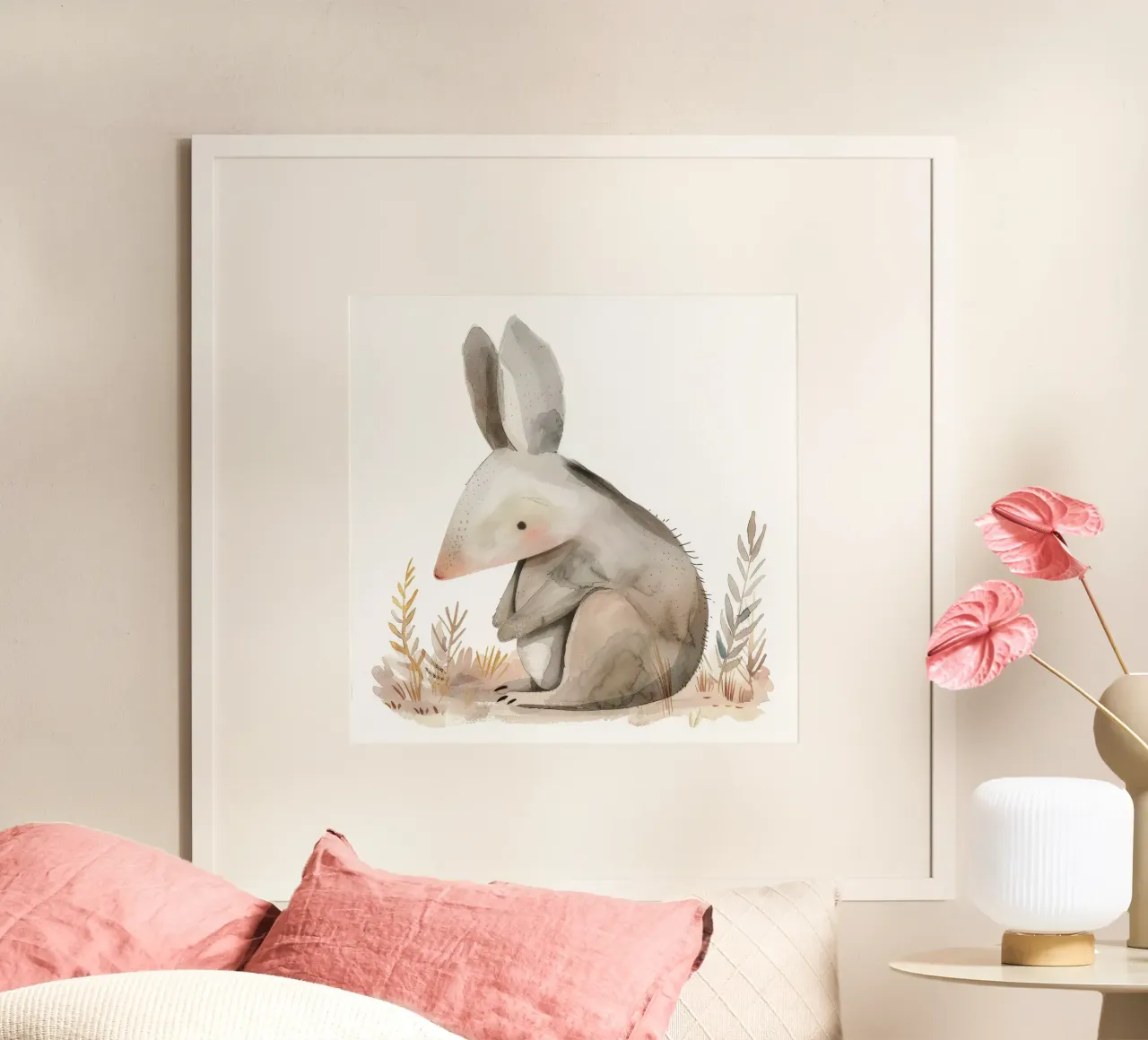 Ilustración en acuarela de un marsupial estilizado entre follaje poster con marco de plástico de DesignDoodle