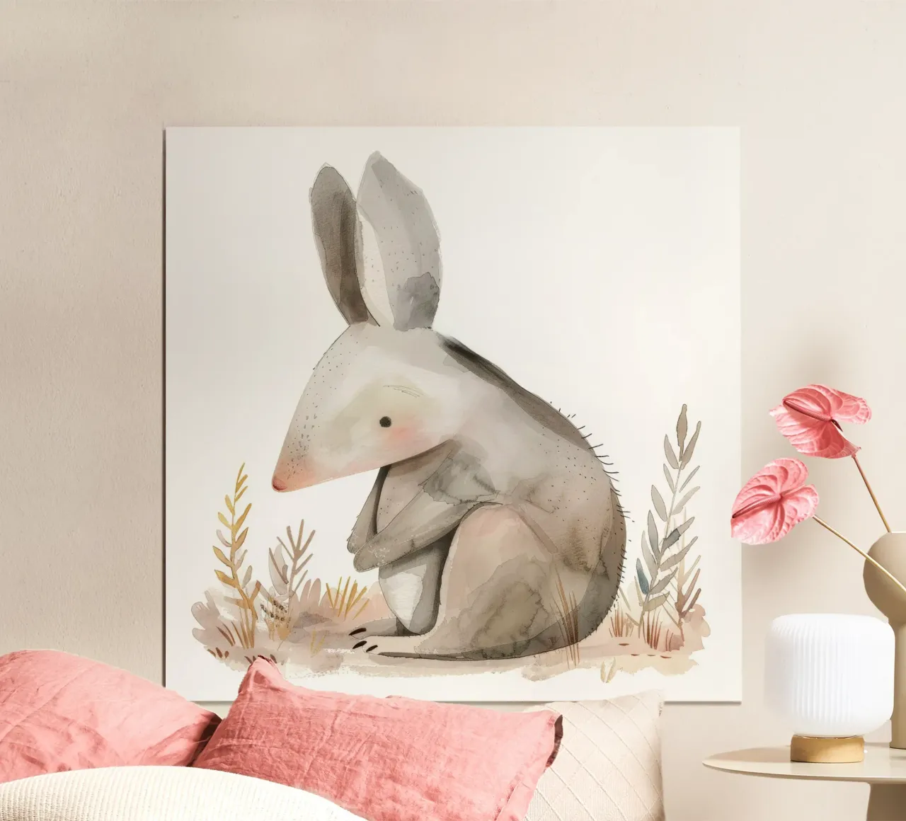 Ilustración en acuarela de un marsupial estilizado entre follaje poster con marco de plástico de DesignDoodle