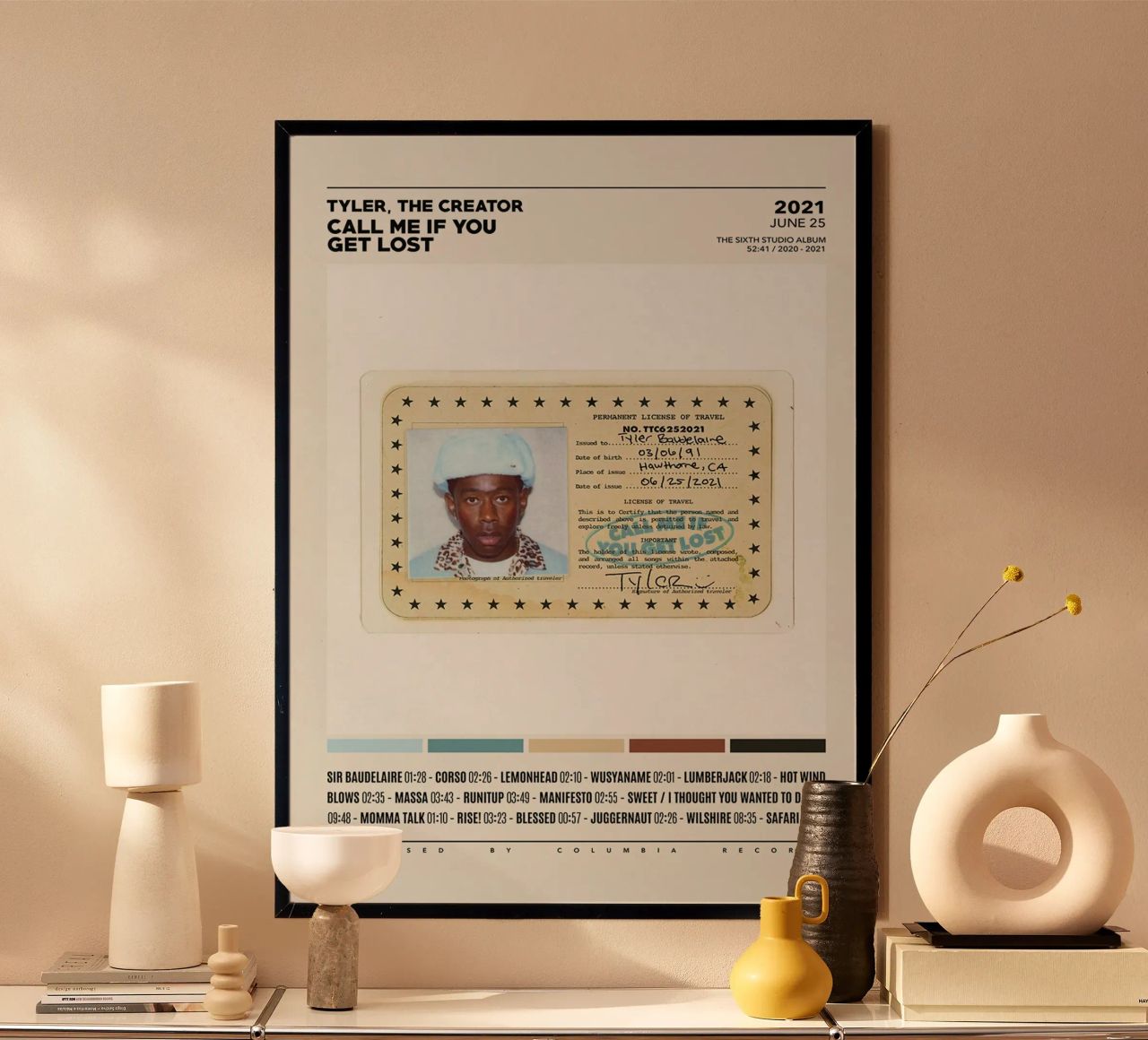 Minimalist Album Tyler The Creator - Call Me If You Get Lost poster con telaio in alluminio da edanfargol