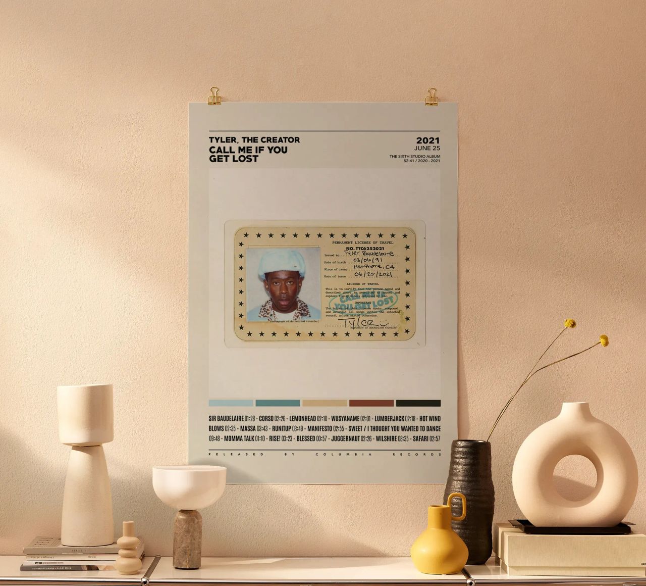 Minimalist Album Tyler The Creator - Call Me If You Get Lost poster con telaio in alluminio da edanfargol