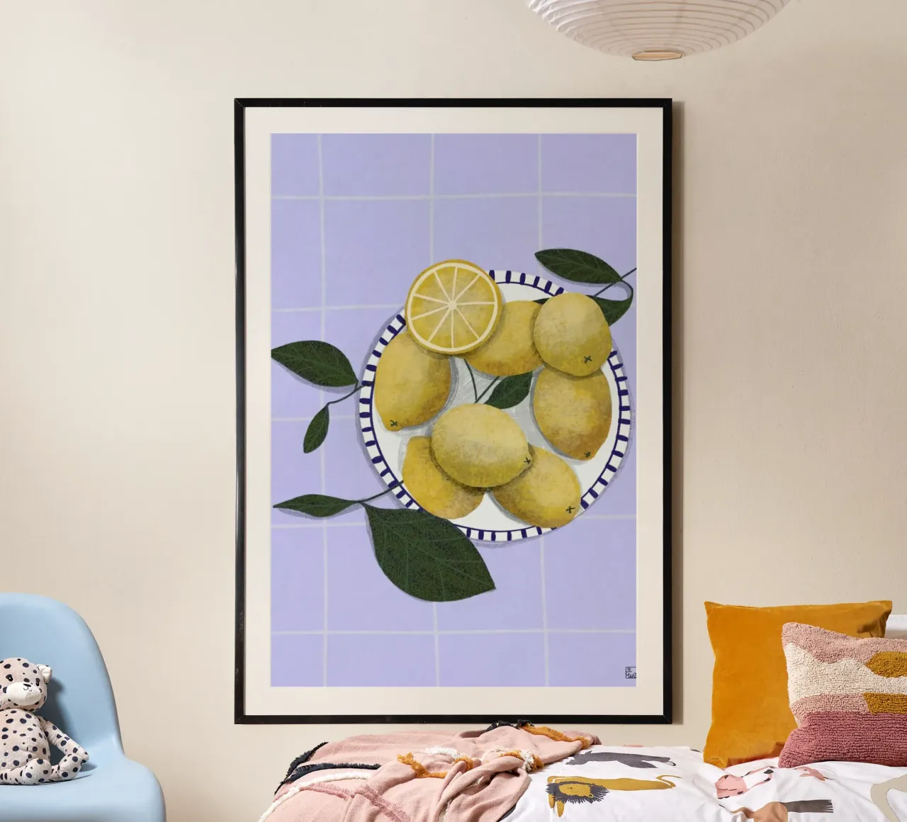 Lemons On Blue Tablecloth poster con telaio in plastica da Be Mart