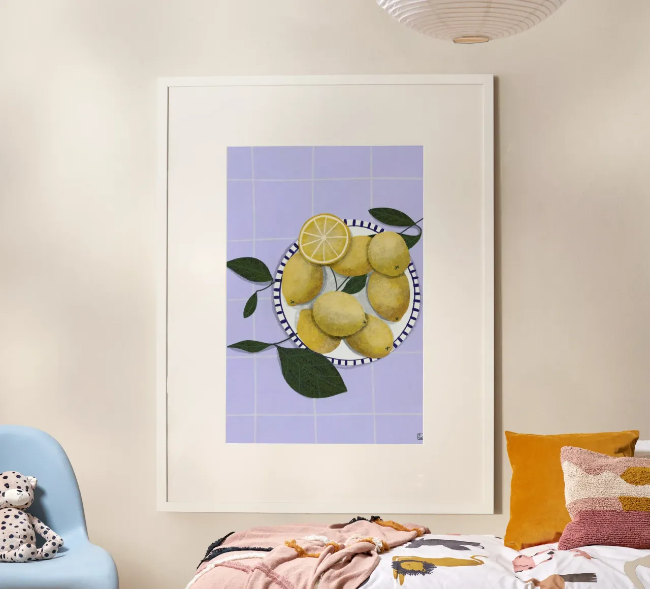 Lemons On Blue Tablecloth poster con telaio in plastica da Be Mart