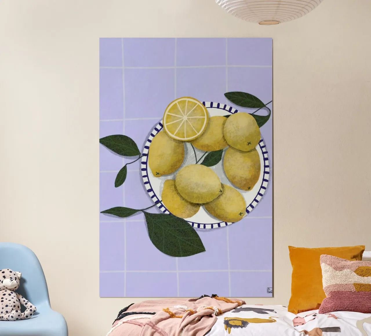 Lemons On Blue Tablecloth poster con telaio in plastica da Be Mart