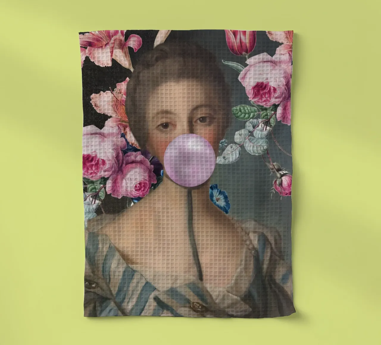 Woman with Pink Bubble Gum Feminine Art tea towel by GraceDigitalArtCo