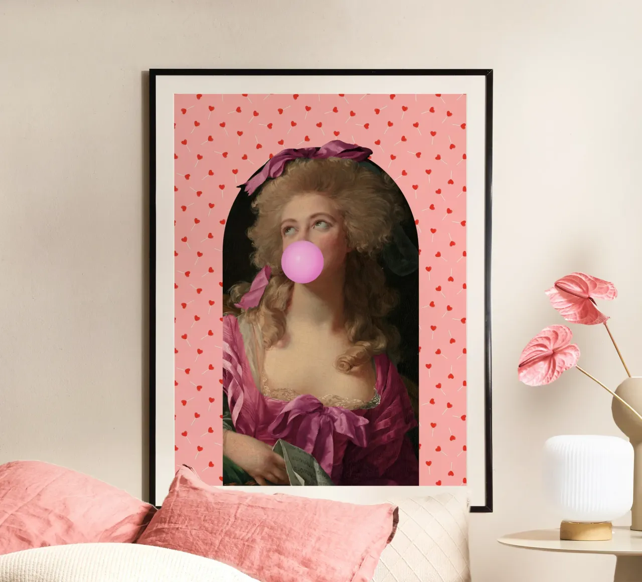 Bubble Gum Lady with Love Heart Lollipops poster con telaio in legno da GraceDigitalArtCo