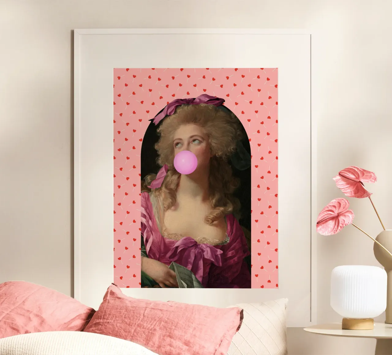 Bubble Gum Lady with Love Heart Lollipops poster con telaio in legno da GraceDigitalArtCo