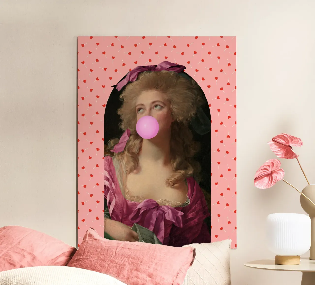 Bubble Gum Lady with Love Heart Lollipops poster con telaio in legno da GraceDigitalArtCo