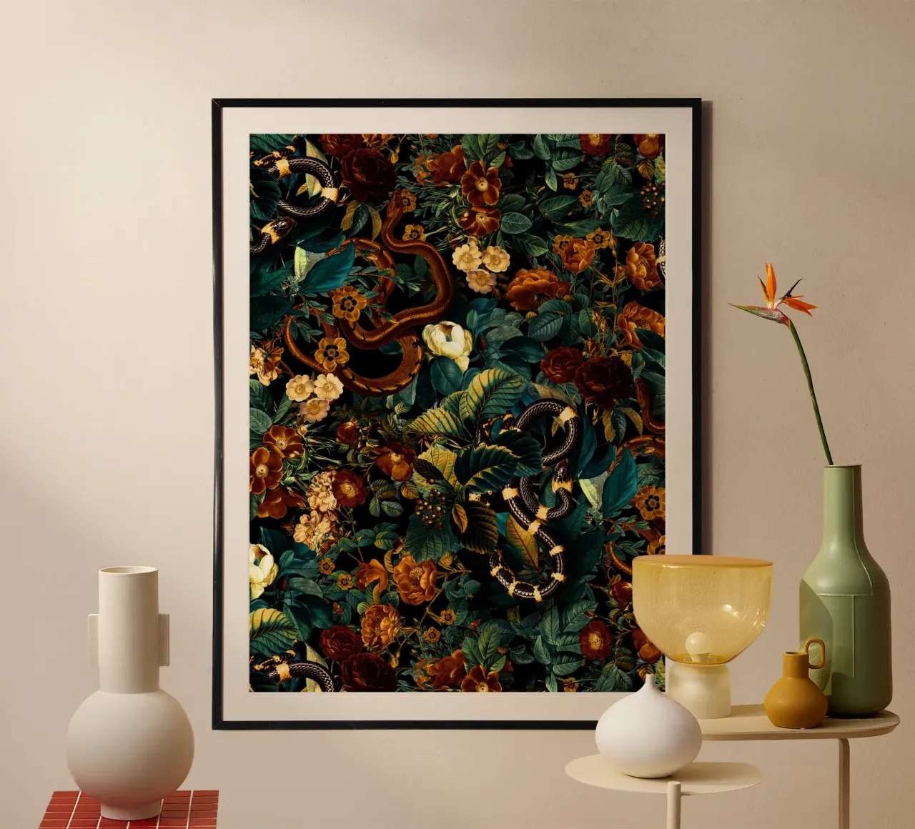 Floral and Snakes Jungle poster con telaio in legno da burcukorkmazyurek