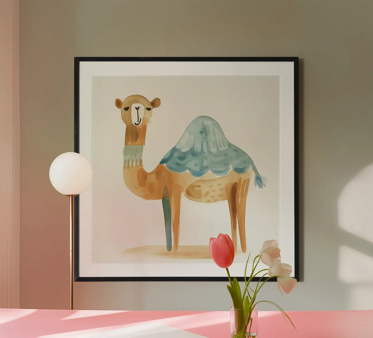 Pittura ad acquerello di un cammello stilizzato poster con telaio in alluminio da DesignDoodle