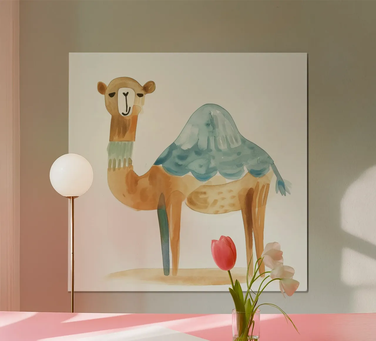 Pittura ad acquerello di un cammello stilizzato poster con telaio in alluminio da DesignDoodle