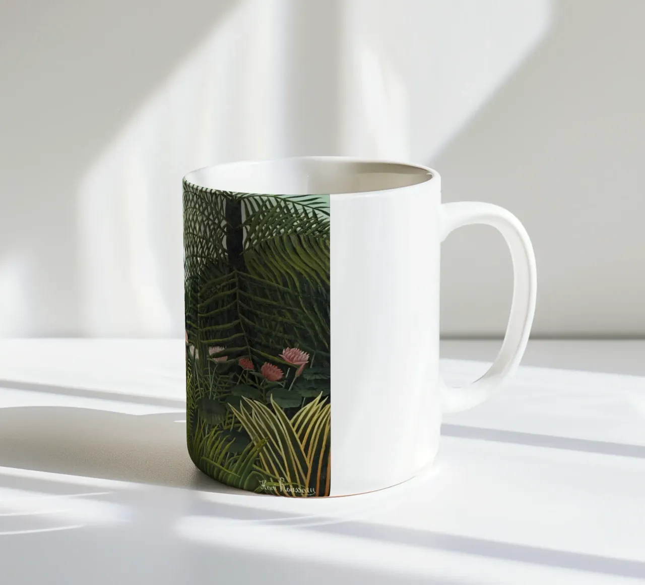 Foresta vergine con tramonto di Henri Rousseau (1910) tazza in ceramica da Venus Art