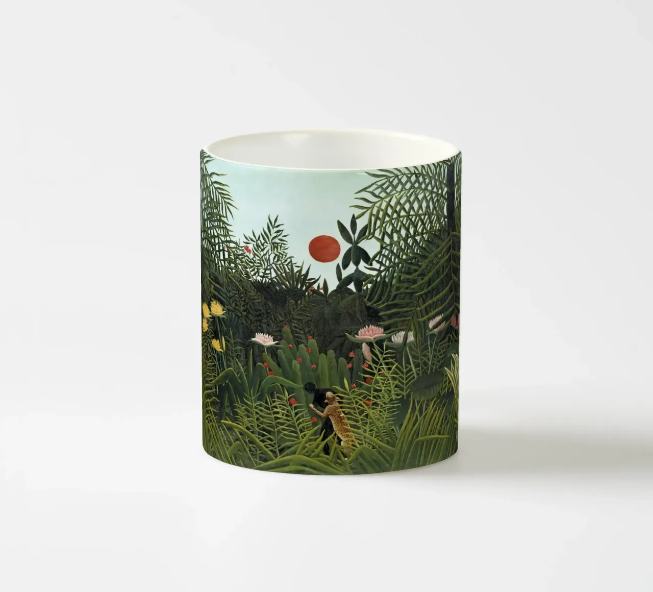 Foresta vergine con tramonto di Henri Rousseau (1910) tazza in ceramica da Venus Art