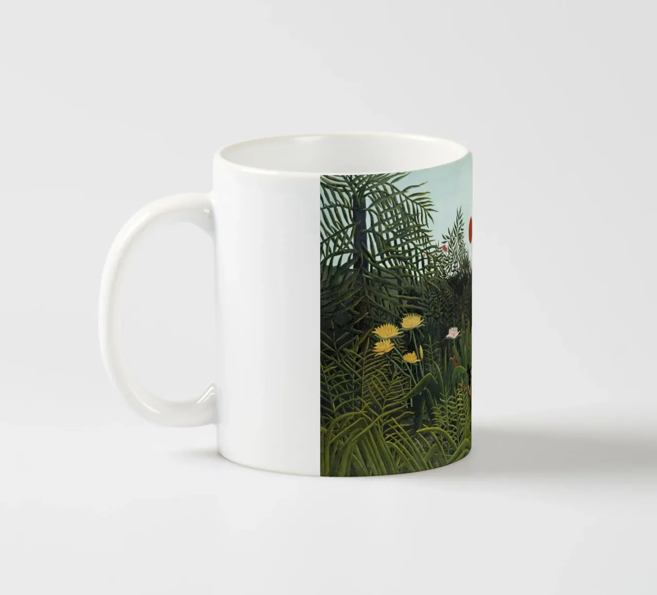 Foresta vergine con tramonto di Henri Rousseau (1910) tazza in ceramica da Venus Art