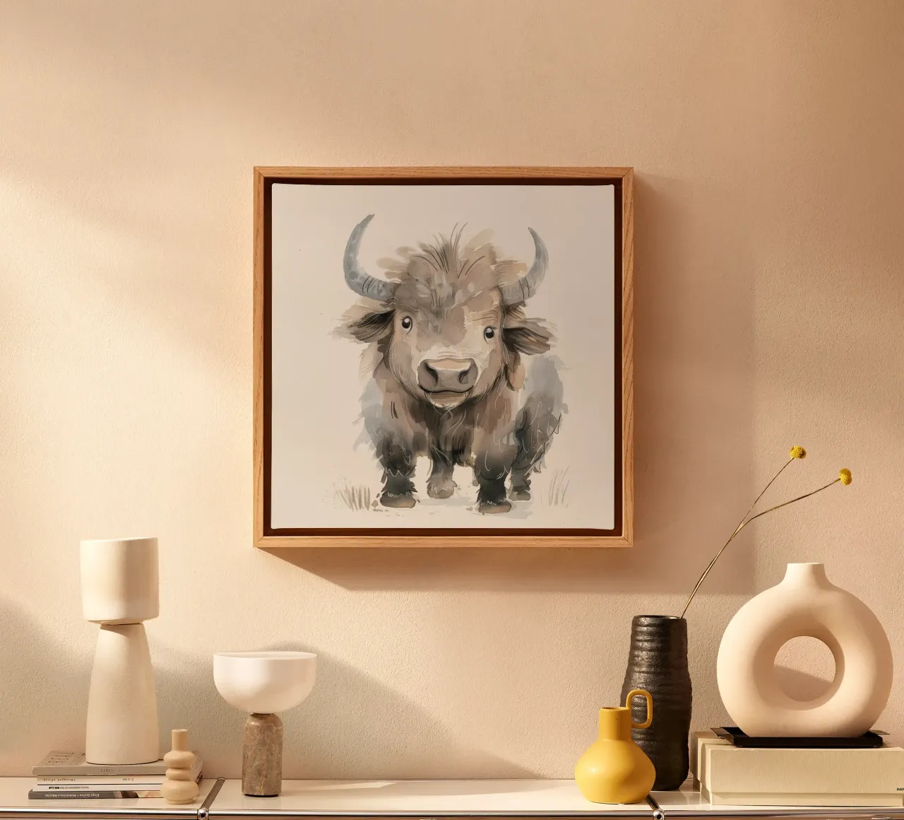 Pittura ad acquerello di un giovane yak tela con Cornice a cassetta da DesignDoodle