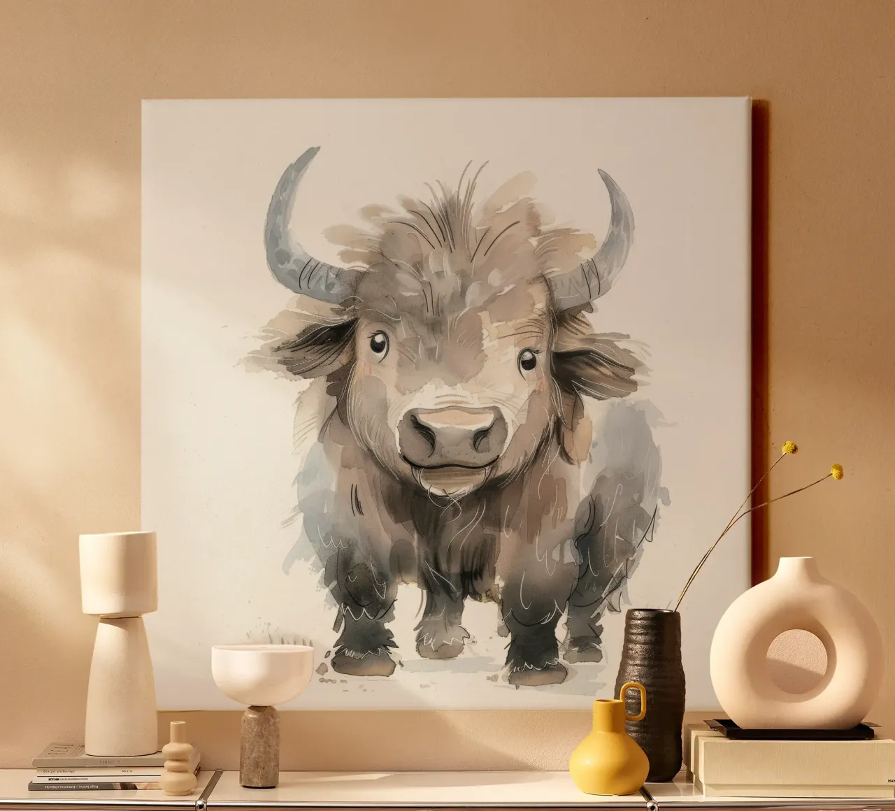 Pittura ad acquerello di un giovane yak tela con Cornice a cassetta da DesignDoodle