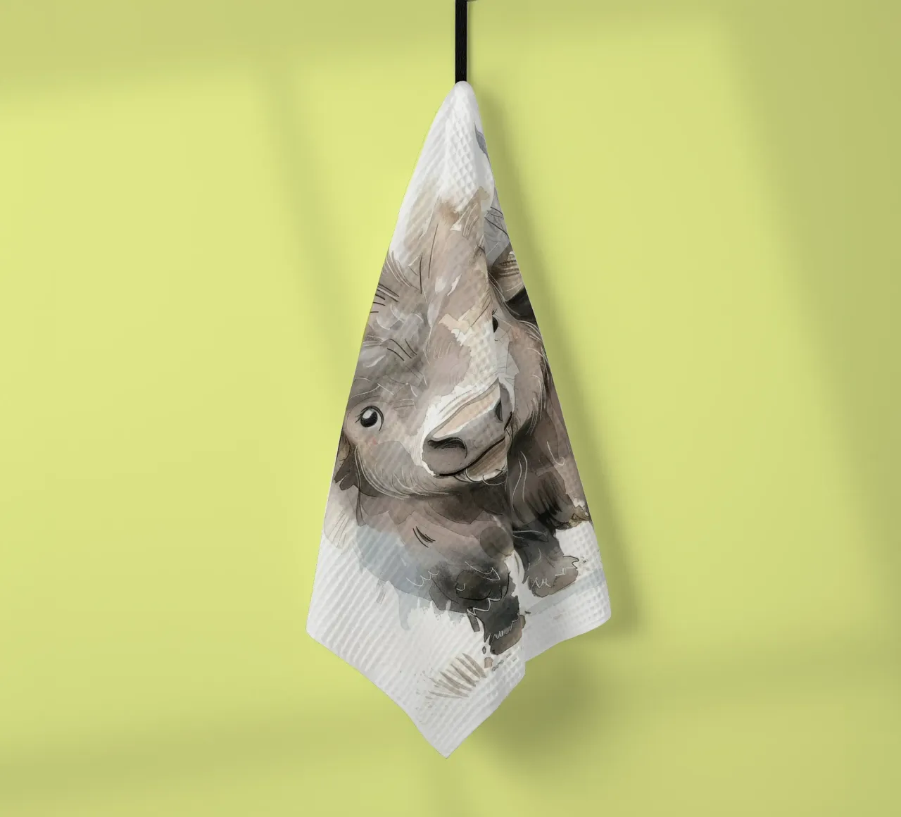 Pittura ad acquerello di un giovane yak canovaccio da cucina da DesignDoodle